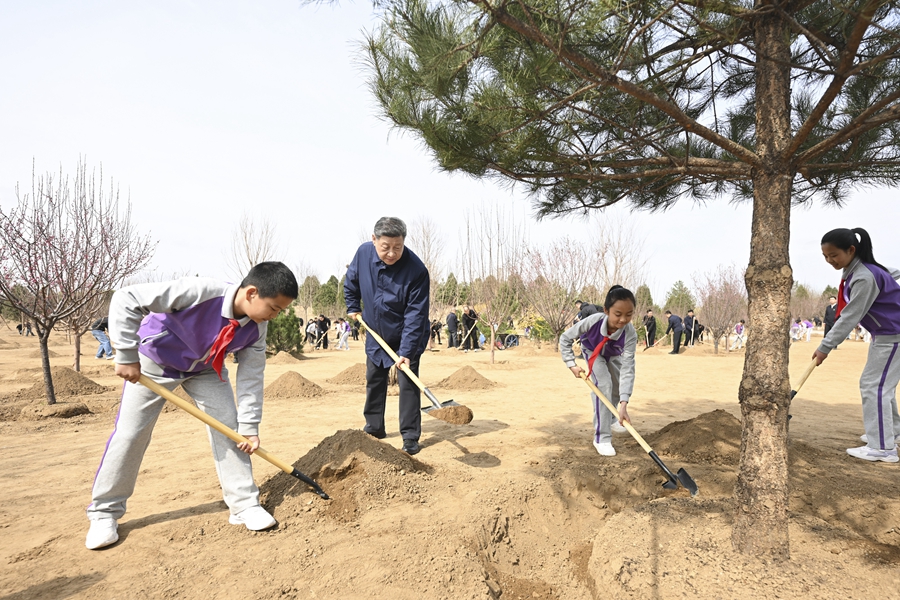 　　3月30日，党和国家领导人习近平、李强、赵乐际、王沪宁、蔡奇、丁薛祥、李希等来到北京市昌平区百善镇参加首都义务植树活动。这是习近平同大家一起植树。